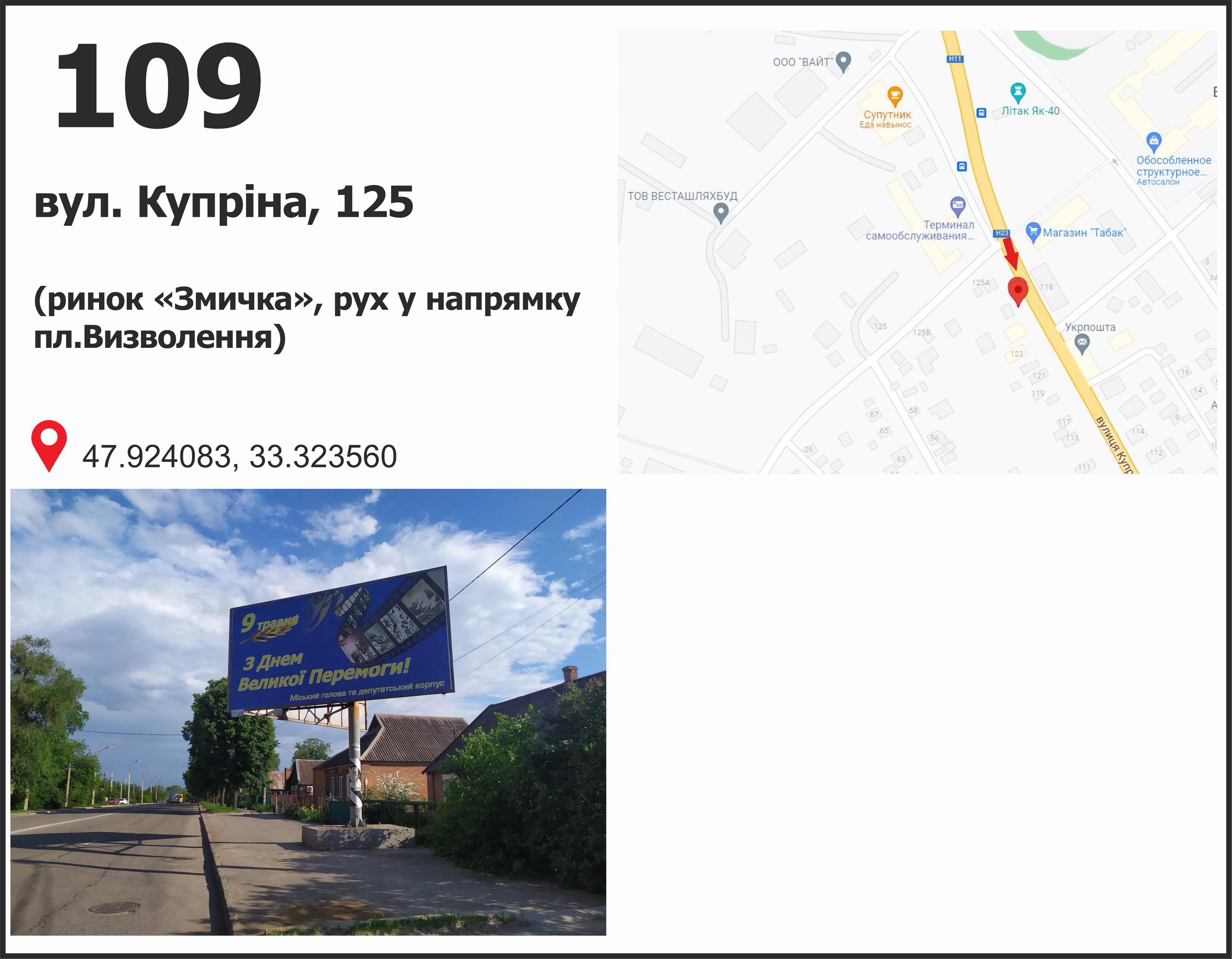 Билборд Кривой Рог,  вул. 129 бригади тер оборони (Купріна), 127 (ринок "Змичка"), рух у напрямку пл. Визволення