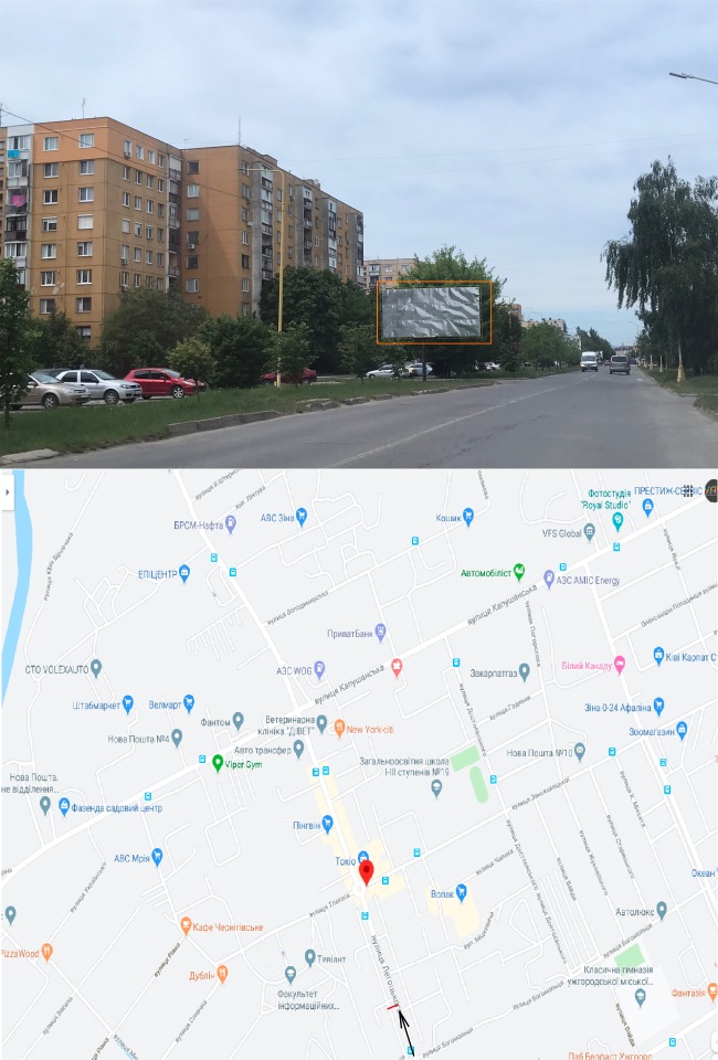 Billboard Uzhgorod,  st. Legoc'kogo ( TC Tokio, TC Vopak, Velmart,AZS "WOG",ATB napramki na Zakarpats'kij derzavnij universitet, vulici Zan'kovec'ka, 8 Berezna, Peremogi, Bab'aka)