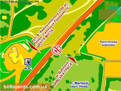 Билборд A в Львове вул. Хмельницького (навпроти буд. 289, біля АЗС), місце 2 схема