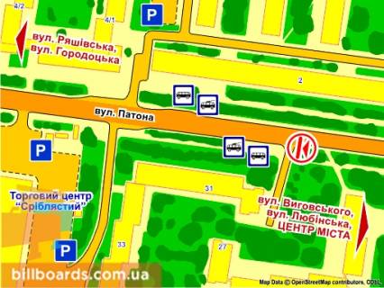 Billboard B in Lviv st. Patona (bila zupinki, navproti bud. 2) scheme