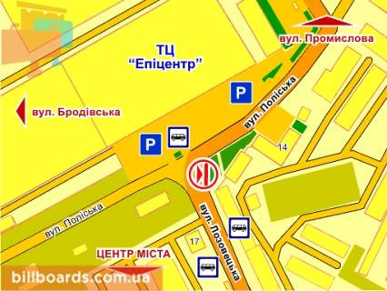 Билборд B в Тернополе вул. Лозовецька – Поліська (навпроти ТЦ "Епіцентр"), місце 1 схема