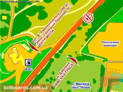 Билборд A в Львове вул. Хмельницького (навпроти буд. 289, біля АЗС), місце 1 схема