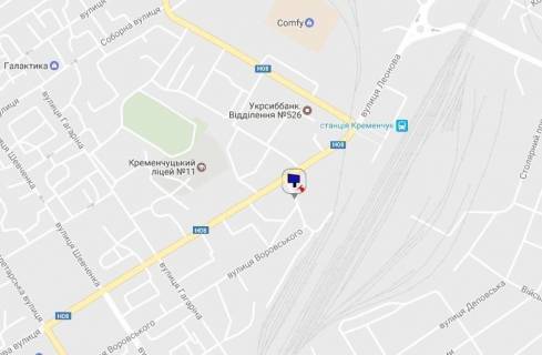 Білборд, Бігборд (Борд)  B у Кременчуці, 3 х 6  вул. Старшого лейтенанта Кагала (колишня вул. Першотравнева), 46, перехр. з вул. Театральною, біля клініки «Європейська медицина», р-н автовокзалу і з/д вокзалу схема