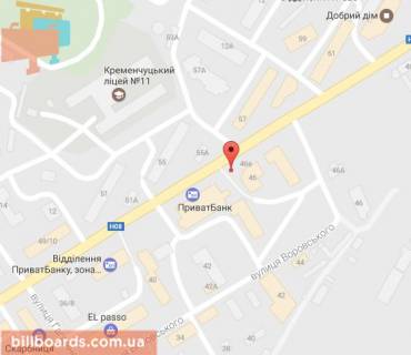 Билборд B в Кременчуге ул. Первомайская, 44, возле торгового центра «Фоксторот» (супермаркеты «Фоксторот», «Мультиспорт», «Стол&стул») схема