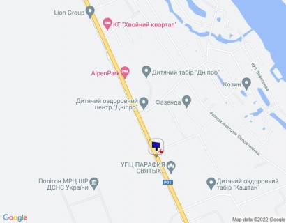 Білборд, Бігборд (Борд)  B у , Козин (Козин) Конча-Заспа, траса Р-01, км 32+200 право, поворот на с. П'ятихатки (вул. Анатолія Солов'яненка), за 300м до повороту на вул. Лобановського схема