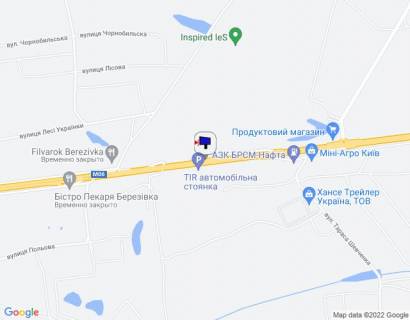 Билборд B в Березовке (Киевской обл) с. Березівка, траса М-06 "Київ-Чоп" (Житомир), км 36+250 право, навпроти TIR автомобільної стоянки, за 350м до АЗС БРСМ-Нафта, через 650м після ресторану "Бістро Пекаря", через 750м після отелю "Мезон Бланш" схема