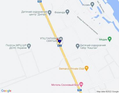 Білборд, Бігборд (Борд)  A у , Козин (Козин) Конча-Заспа, траса Р-01, км 32+400 право, через 200м після повороту на с. П'ятихатки (вул. Анатолія Солов'яненка), через 500м після повороту на вул. Лобановського схема
