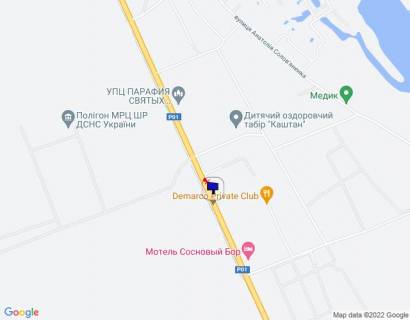 Билборд A в Козине Конча-Заспа, траса Р-01, км 32+800 право, за 300м до автобусної зупинки та котеджного містечка "Сосновий Бір", через 250м після повороту на с. П'ятихатки схема