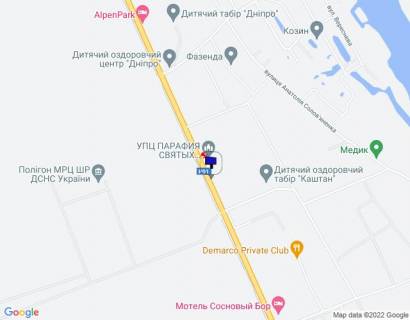Билборд B в Козине Конча-Заспа, траса Р-01, км 32+450 ліво, через 250м після повороту на с. П'ятихатки (вул. Анатолія Солов'яненка), через 550м після повороту на вул. Лобановського схема