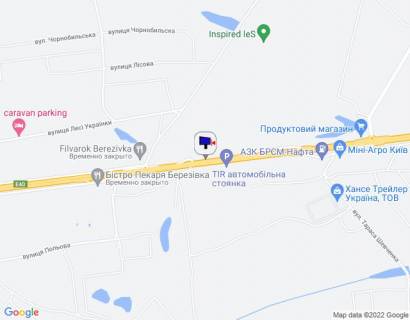 Билборд A в Березовке (Киевской обл) с. Березівка, траса М-06 "Київ-Чоп" (Житомир), км 36+500 право, навпроти TIR автомобільної стоянки, через 500м після АЗС БРСМ-Нафта, за 550м до ресторану "Бістро Пекаря", за 650м до отелю "Мезон Бланш" схема