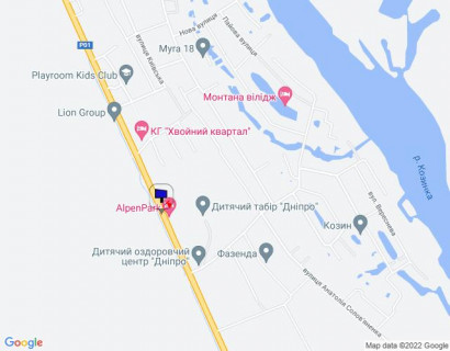 Билборд B в Козине Конча-Заспа, траса Р-01, км 31+600 право, навпроти готелю "AlpenPark", через 300м після повороту на вул. Лобановського, за 230м до автобусної зупинки, за 350м до котеджного містечка "Хвойний Квартал" схема