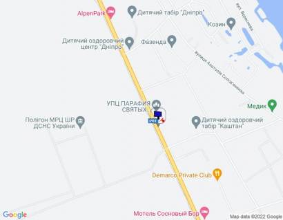 Билборд A в Козине Конча-Заспа, траса Р-01, км 32+450 ліво, за 250м до повороту на с. П'ятихатки (вул. Анатолія Солов'яненка), за 550м до повороту на вул. Лобановського схема