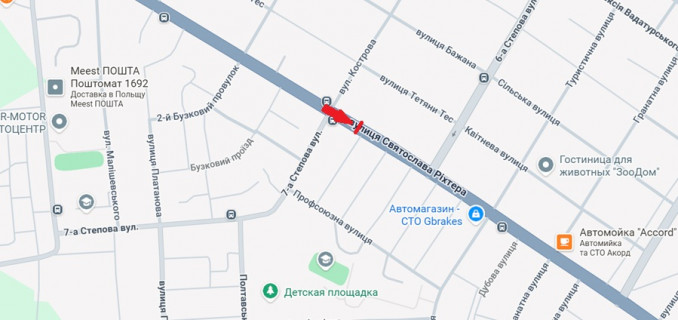 Билборд A в Одессе Ріхтера Святослава вул. (Щорса), 89 / пров. Радіальний (3х12 правий) до пл. Деревянко схема