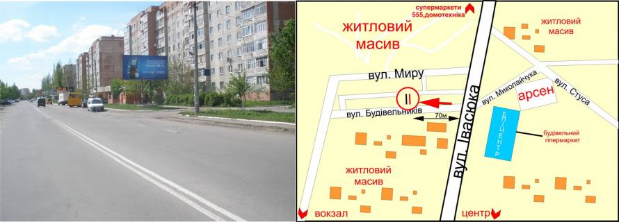 Билборд A в Ивано-Франковске, 3х6  БІвана Павла II (Будівельників) -Івасюка  №2    АТБ,Арсен,Епіцентр схема