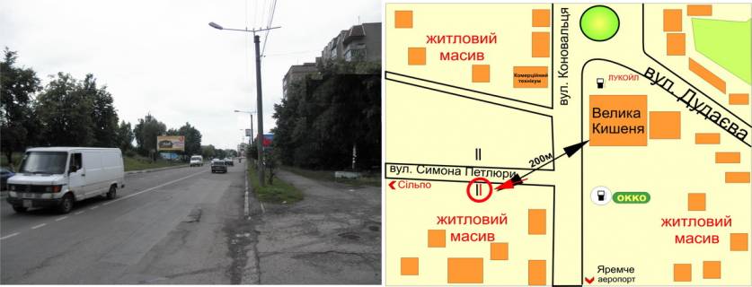 Билборд B в Ивано-Франковске, 3х6  Петлюри (перед вул.Коновальця) СМ "Велмарт"    перед ОККО схема