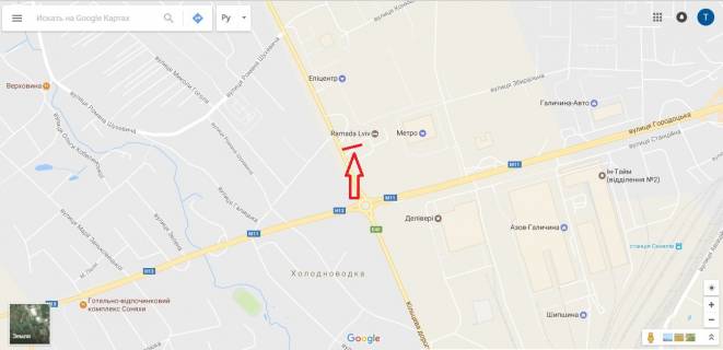 Билборд A в Львове, 3х6  вул.Городоцька біля Епіцентру (готель Рамада) (правий) визд міста схема