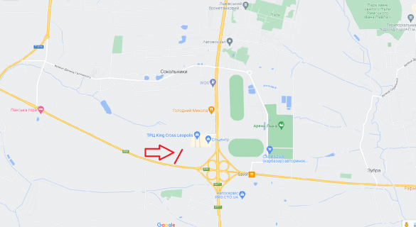 Билборд B на трассах Львовской области, 3х12  М-10, Західний обхід м. Львова, км 14+400,  King Cross Leopolis, Епіцентр, Арена Львів ліворуч схема