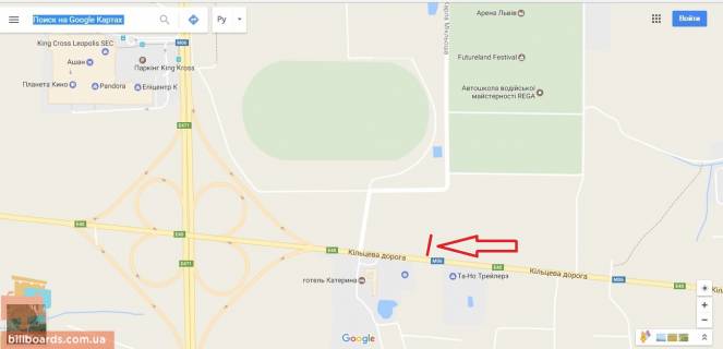 Билборд A в Львове Київ-Чоп, км 552+500, Арена Львів, гот.Катерина, праворуч схема
