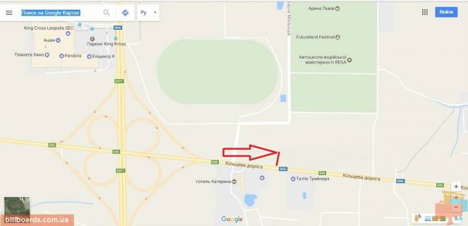 Билборд B в Львове Київ-Чоп, км 552+500, Арена Львів, гот.Катерина, праворуч схема