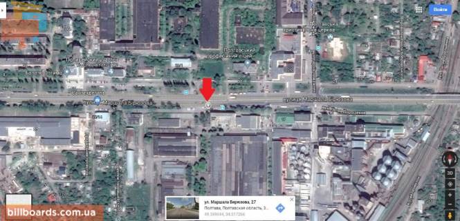 Билборд A в Полтаве г. Полтава.Решетилівська вул. (Маршала Бірюзова) 27.выезд из Полтавы на Сумы,соединяет центр с м-нами Браилки,Пушкарівський (Половки),флажок, схема