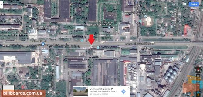Билборд B в Полтаве г.Полтава,Решетилівська вул. (Маршала Бірюзова) 27,выезд из Полтавы на Сумы,соединяет центр с м-нами Браилки,Пушкарівський (Половки),флажок,освещение схема
