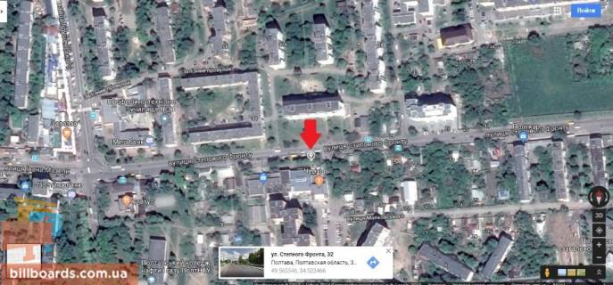 Билборд A в Полтаве г.Полтава,ул.Степного фронта30, соединяет центр с микрорайоном Алмазный,4-я поликлиника,кинотеатр Космос флажок, схема