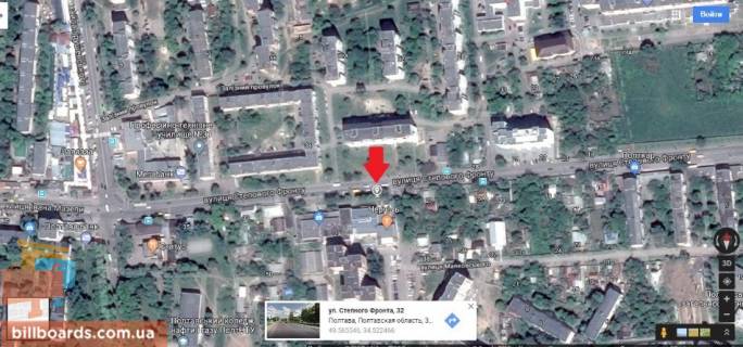 Билборд B в Полтаве г.Полтава,ул.Степного фронта30, соединяет центр с микрорайоном Алмазный,,4-я поликлиника,кинотеатр Космос флажок, схема