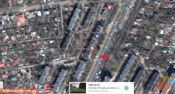 Білборд, Бігборд (Борд)  A у Полтаві м.Полтава, Європейська вул. (Фрунзе), 90, прапорець, в'їзд в Полтаву з траси Київ-Харків схема