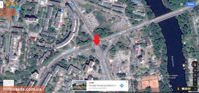 Білборд, Бігборд (Борд)  B у Полтаві г.Полтава.прсп.Міра1 .Конструкція прапорець Проїзд ЖД вокзалу Виїзд на Сумську трасу через мікрорайон Левада схема