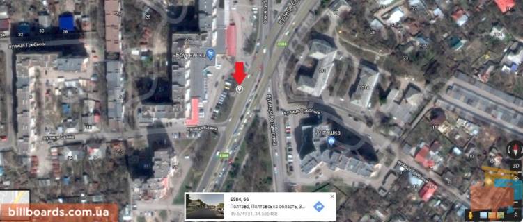 Білборд, Бігборд (Борд)  A у Полтаві м.Полтава ул.Европейськая, 66_А_прізматрон, одна з основних розвилок міста, з'єднує центр міста з усіма мікрорайонами. схема