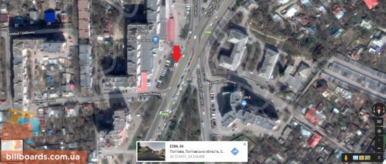 Білборд, Бігборд (Борд)  A у Полтаві м.Полтава ул.Европейськая, 66_А_прізматрон, одна з основних розвилок міста, з'єднує центр міста з усіма мікрорайонами. схема