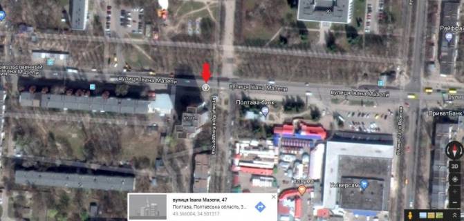 Білборд, Бігборд (Борд)  A у Полтаві, 3*6  м.Полтава,вул. Івана Мазепи (Калініна), 47, в`їзд в ринок Алмазний, супермаркет Полтава схема