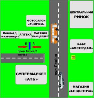 Билборд A в Бердичеве, 3х6  Ситилайт (2,16 м.кв.) Тихий, 2 (Аптека) схема