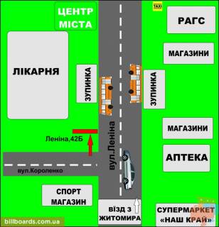 Білборд, Бігборд (Борд)  B у Бердичеві, 3х6  Житомирська, 42 (Лікарня в центр) схема