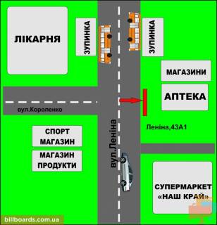 Билборд B в Бердичеве, 3х6  Бигборд (18м.кв.) Житомирская,  43 (Аптека, Наш край) А2 схема