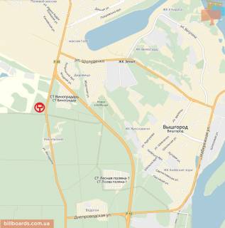 Билборд A в Вышгороде Трасса Р-02 "Киев-Овруч", 770 м. от поворота из г. Вышгород в г. Киев (пл. Шевченко), справа схема