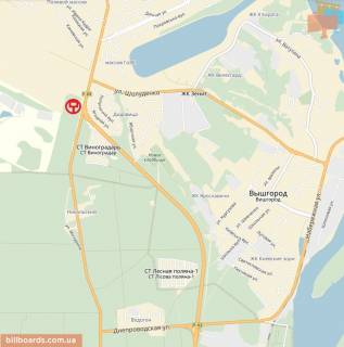 Білборд, Бігборд (Борд)  B у Вишгороді, 6x3  автомобільна дорога Р-02 “Київ-Іванків-Овруч”,1000 м. до повороту до м. Вишгорода з м. Києва (пл. Шевченка), праворуч схема