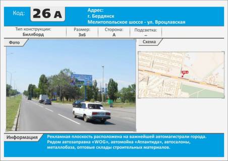 Билборд A в Бердянске, 3х6  Мелитопольское шоссе – ул. Вроцлавская АЗС WOG, автомойка Атлантида фото 1