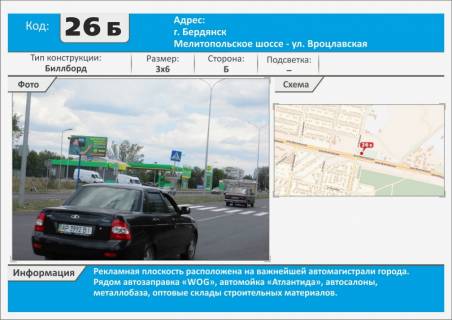 Билборд B в Бердянске, 3х6  Мелитопольское шоссе – ул. Вроцлавская АЗС WOG, автомойка Атлантида фото 1