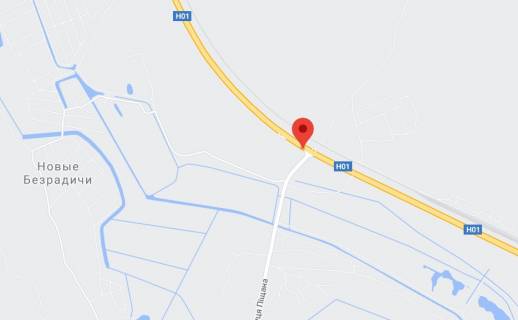 Нестандарт A у , траса Новообухівська (траса Новообухівська), 2х16  Н 01 Ново Обухівська тр. 34+557 (Гарант) км від КПП. Восьмий від Києва, зупинка Дачна,поворот на Нові Безрадичі, з Києва схема