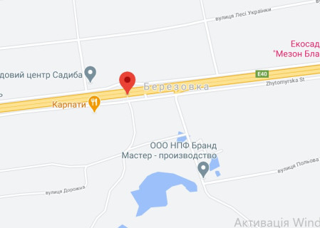 Нестандарт A в Березовке (Киевской обл), 2х16  М-06 Житомирська траса 37+896 км від КПП. Чотирнадцятий від Києва, с. Березівка, АЗС ТНК , Ресторан Карпати, напрямок - в Киів схема