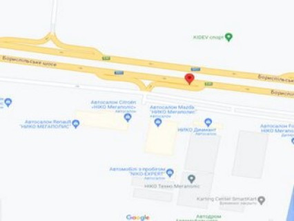 Білборд, Бігборд (Борд)  A у Горі, 3х6  Бориспільське шосе, 28+930,  поруч автосалон Опель, Рено  в напрямку Бориспіль схема