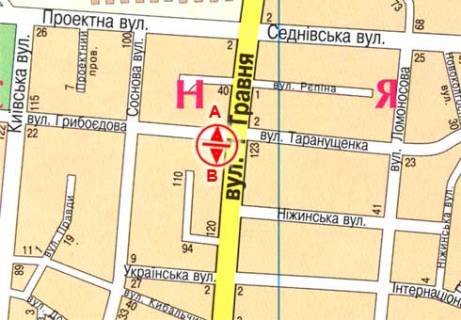 Білборд, Бігборд (Борд)  A у Чернігові, 3x6  Михайла Грушевського просп., 136 - Грибоєдова вул. схема