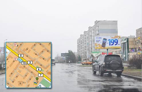 Билборд A в Горишние Плавни (Комсомольск), 3x6  просп. Героїв Дніпра, 75, центральна вулиця, (біля магазинів, банків, район "Піски") фото 1