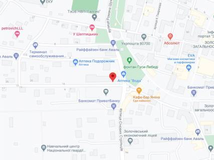 Видеоборд A в Золочеве (Львовской обл) Івасюка вул., 2, аптека "Волиньфарм", прайс за ролик 10 сек 1 вихід/5 хвилин, з 8:00-22:00. Розрахунок для інших параметрів трансляції уточнюйте у менеджера. - 301367 схема
