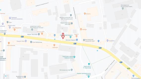 Видеоборд B в Житомире Бердичівська вул., 15, в сторону вул. Михайлівська, ролик 10 сек, 1 вихід / 10 хв, вартість за 3162 показу в місяць (102 на добу), 6: 00-22: 00, - 286607 схема