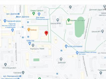 Видеоборд A у Львові Червоної Калини пр., 109, аптека "Мед Сервіс", №Л042, прайс за ролик 10 сек 1 вихід/5 хвилин, з 8:00-22:00. Розрахунок для інших параметрів трансляції уточнюйте у менеджера. - 301442 схема