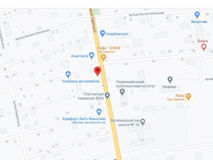 Білборд A у Первомайську Одеська вул., 78е, аптека "Мед Сервіс", №Юг025, прайс за ролик 10 сек 1 вихід/5 хвилин, з 8:00-22:00. Розрахунок для інших параметрів трансляції уточнюйте у менеджера. схема