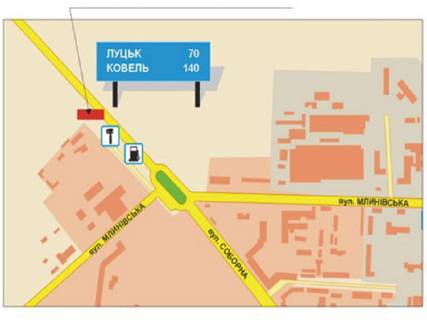 Билборд A в Ровно Млинівська вул., 32, в'їзд в м. Рівне, з боку м. Луцьк, правий схема