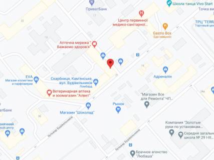Видеоборд A у Кам'янське (Дніпродзержинськ) Будівельників бул., 7, аптека "Мед Сервіс", №Дп108, прайс за ролик 10 сек 1 вихід/5 хвилин, з 8:00-22:00. Розрахунок для інших параметрів трансляції уточнюйте у менеджера. - 301310 схема